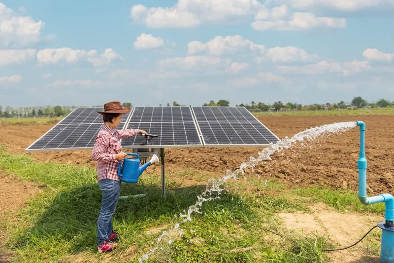 Imagen de una chica con una regadera en la mano, tambien se puede apreciar como sale agua de un tubo que viene de un pozo susterraneo en un campo con una placa solar